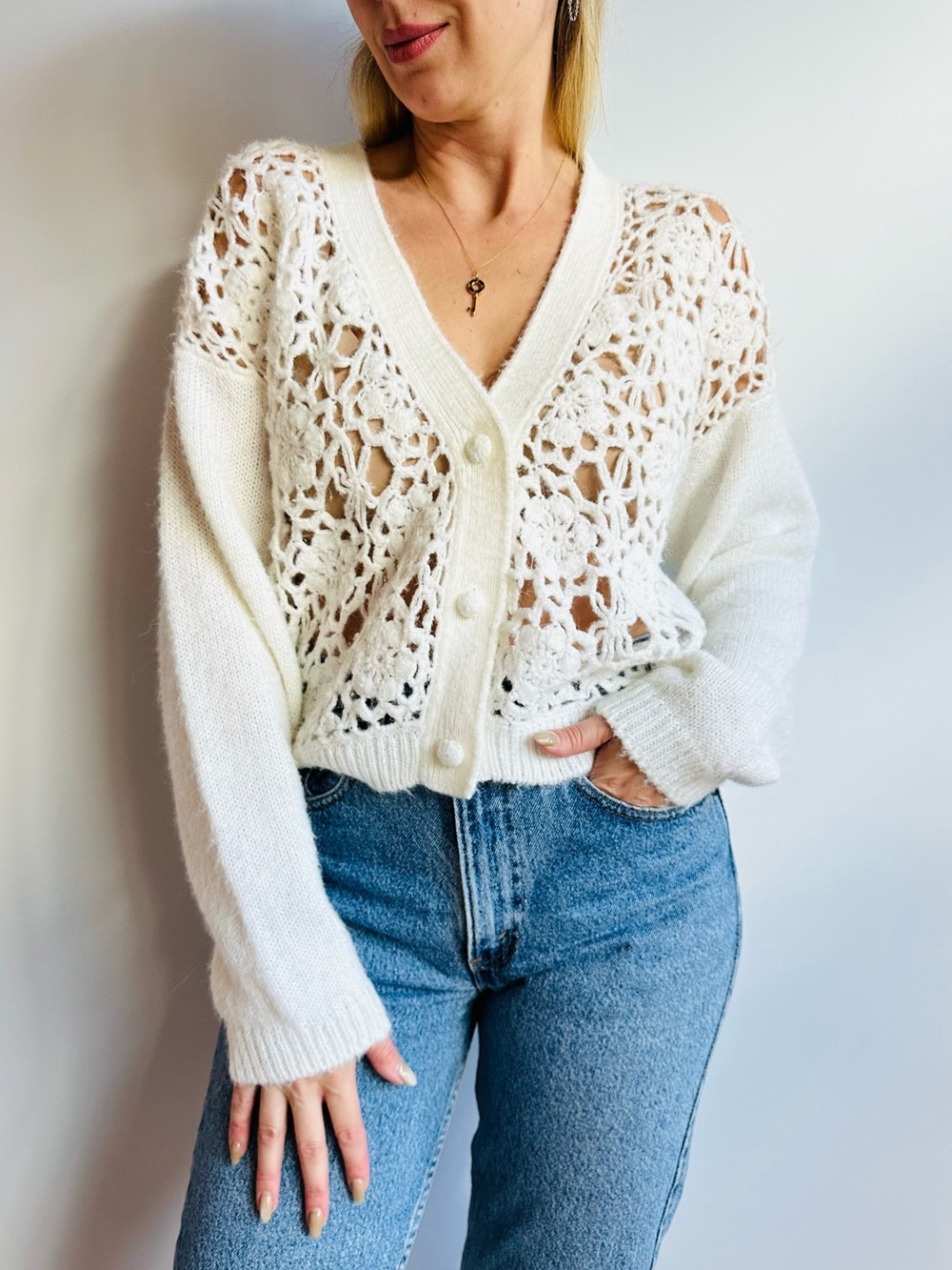 Vintage Spice of Life Crochet Open Knit Cardigan Sweater Cream White L Boho Soft